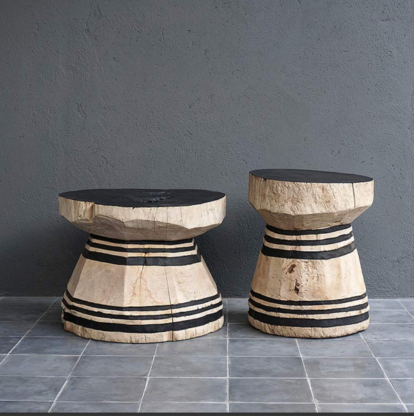 Javanese Teak Lesung Stool, Natural Body in Charcoal Carving