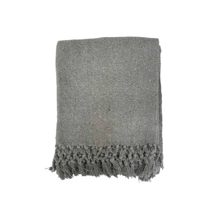 Woven Recycled Cotton Blend Throw With Tassels, Grey