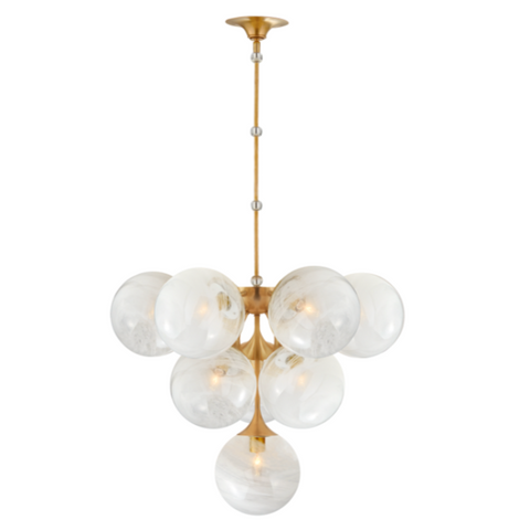 Cristol Tiered Chandelier in Hand-Rubbed Antique Brass w/ White Strie Glass