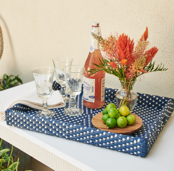 Avanna Tray Blue/ White Faux Wicker- 2 Sizes