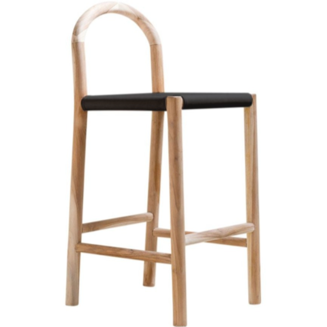 Julia Barstool, Black Leather w/ Natural Teak Wood