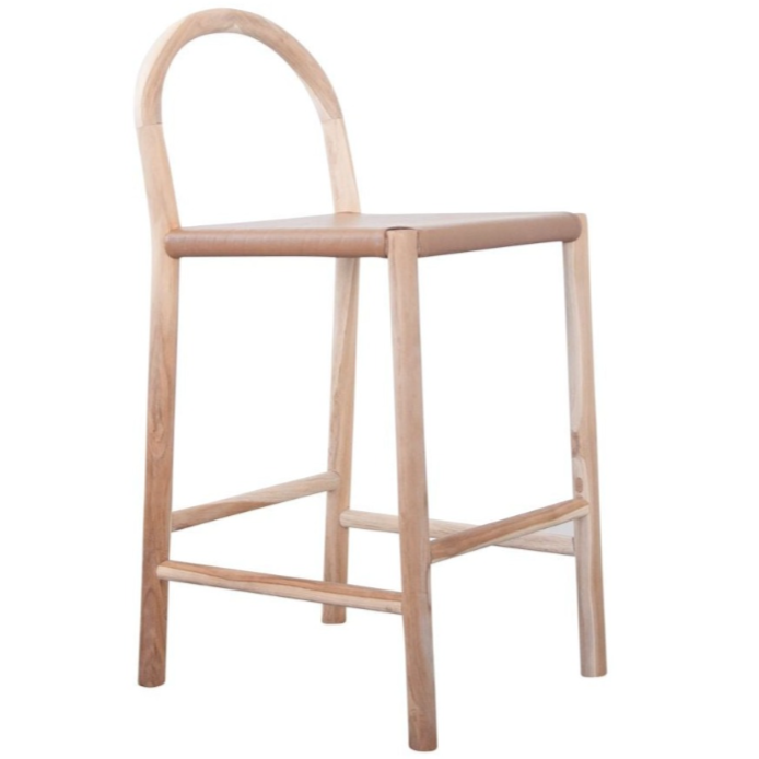 Julia Barstool, Camel Leather w/ Natural Teak Wood
