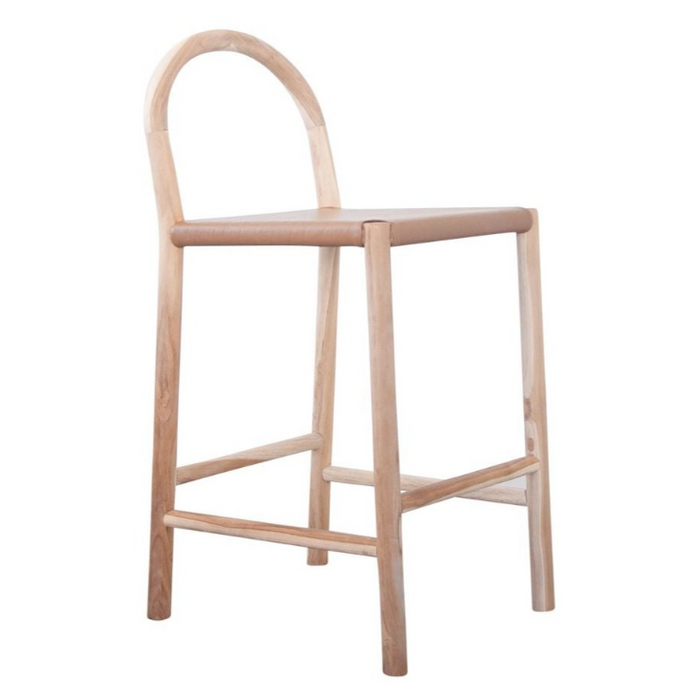 Julia Counter Stool, Camel Leather w/ Natural Teak Wood