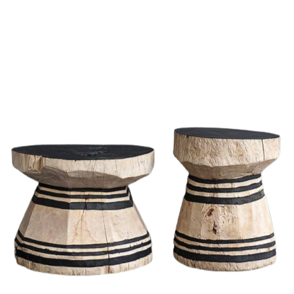 Javanese Teak Lesung Stool, Natural Body in Charcoal Carving