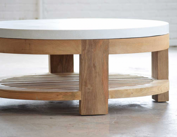 Outdoor Reclaimed Teak Cocktail Table, White Concrete 42"L x 42"W x 18"H