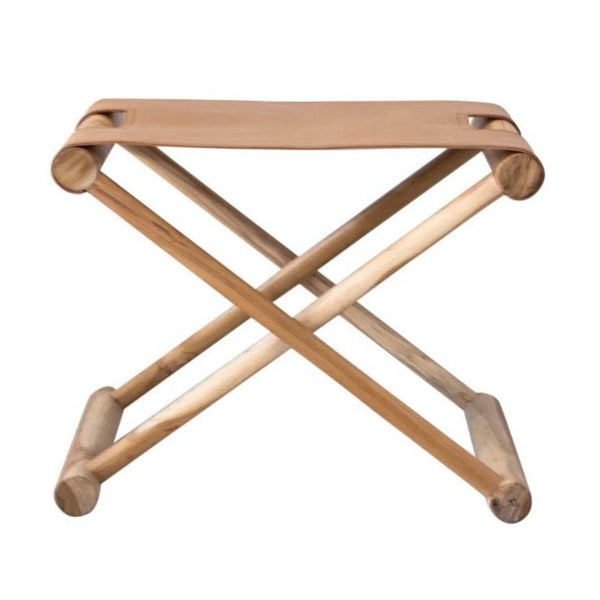 Bria Ottoman in Camel Leather & Natural Teak Wood