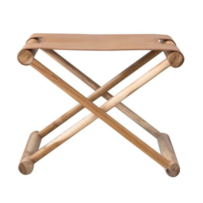 Bria Ottoman in Camel Leather & Natural Teak Wood