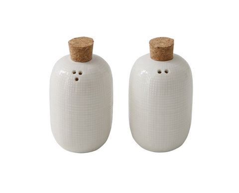 Embossed Ceramic Salt & Pepper Shakers With Cork Stoppers, Set Of 2