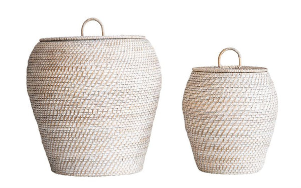 Hand-woven Baskets with Lids - Whitewashed, 2 Sizes