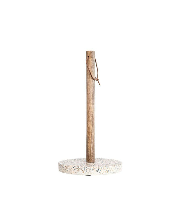 Terrazzo & Mango Wood Paper Towel Holder With Leather Loop, Mustard