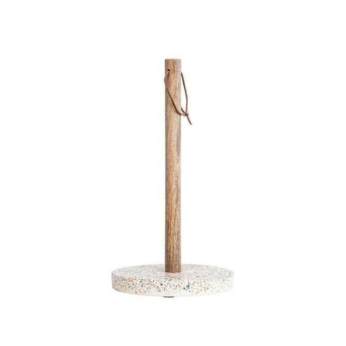 Terrazzo & Mango Wood Paper Towel Holder With Leather Loop, Mustard
