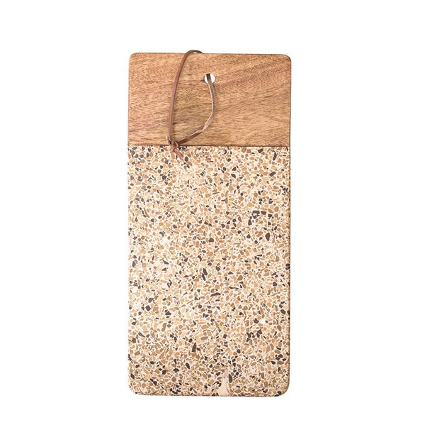 Wood And Terrazzo Tray/Cutting Board With Leather Tie, Mustard Color