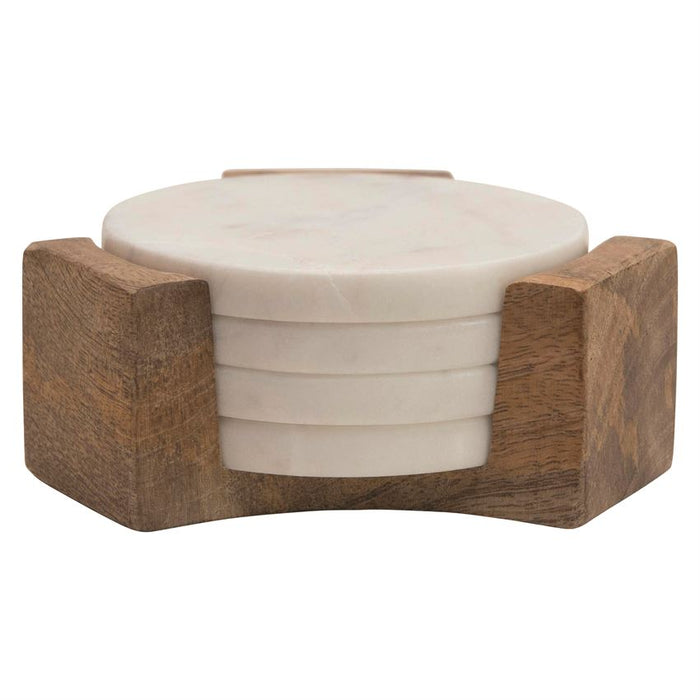 Marble Coasters W/ Mango Wood Holder, Set Of 4