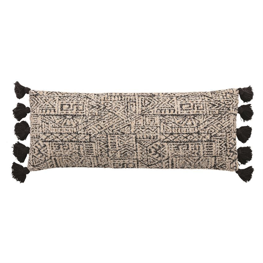 Woven Cotton Patterned Lumbar Pillow With Tassels, Black & Natural