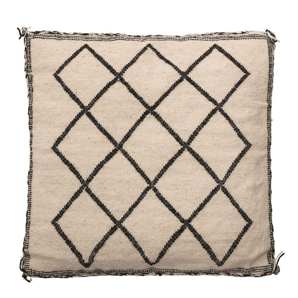 Woven Wool & Cotton Blend Pillow With Tassels, Black & Natural
