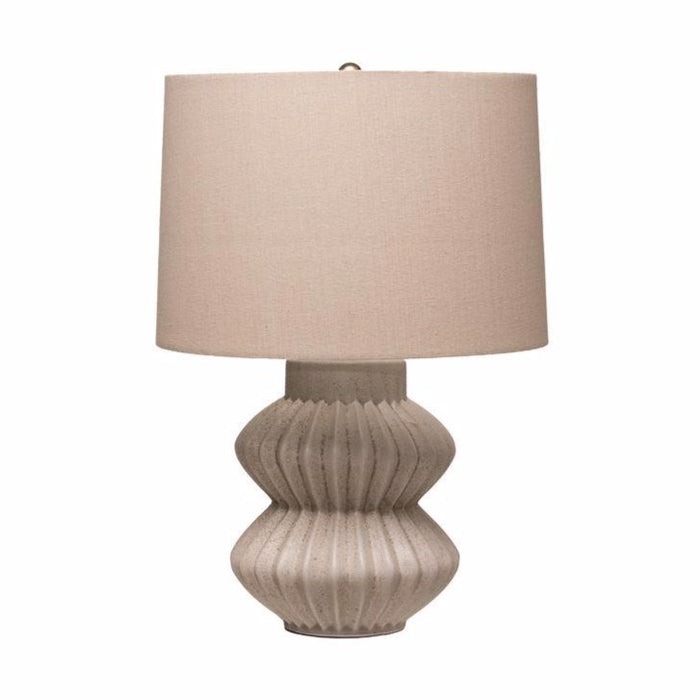 Fluted Terra-Cotta Table Lamp W/ Linen Shade, Distressed White Finish