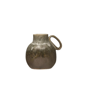 Stoneware Vase with Handle, Reactive Glaze, Green