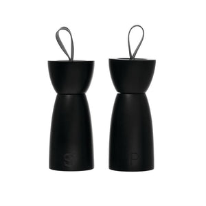 Rubber Wood Salt & Pepper Mills With Leather Handle, Black, Set Of 2