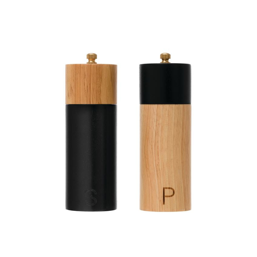 Two-Tone Rubber Wood Salt & Pepper Mills, Black & Natural, Set Of 2