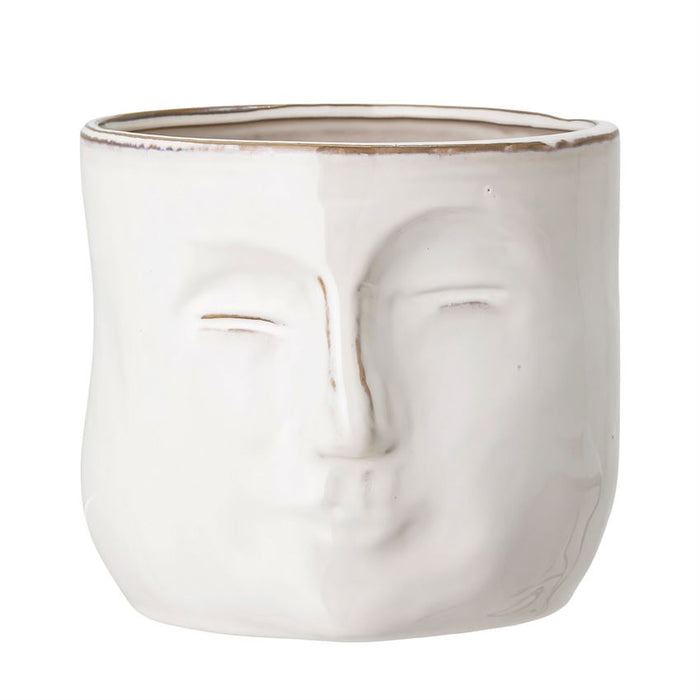 Stoneware Planter With Face, Reactive Glaze, White