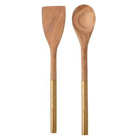 Acacia Wood Utensils with Brass Clad Handles, S/2