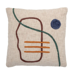 Square Cotton Embroided Pillow with Abstract Embroidery, Cream