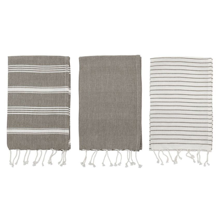 Woven Cotton Striped Tea Towels With Tassels, Grey & White, S/3