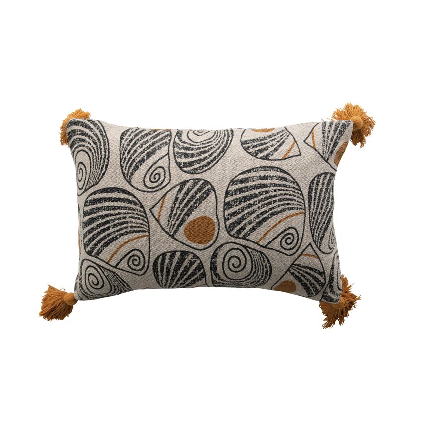 Recycled Cotton Blend Printed Lumbar Pillow with Tassel, Black / Mustard