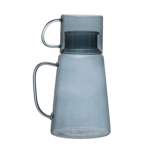 Glass Carafe With 12 Oz. Mug, Blue, Set Of 2