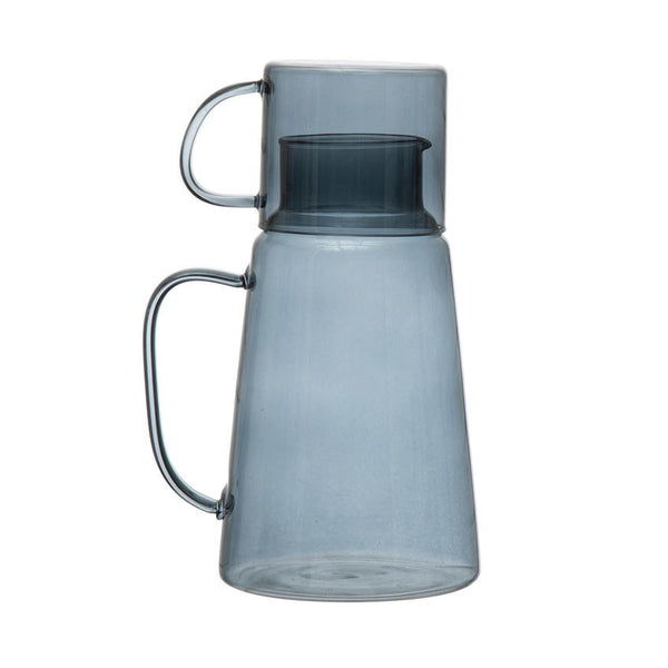 Glass Carafe With 12 Oz. Mug, Blue, Set Of 2