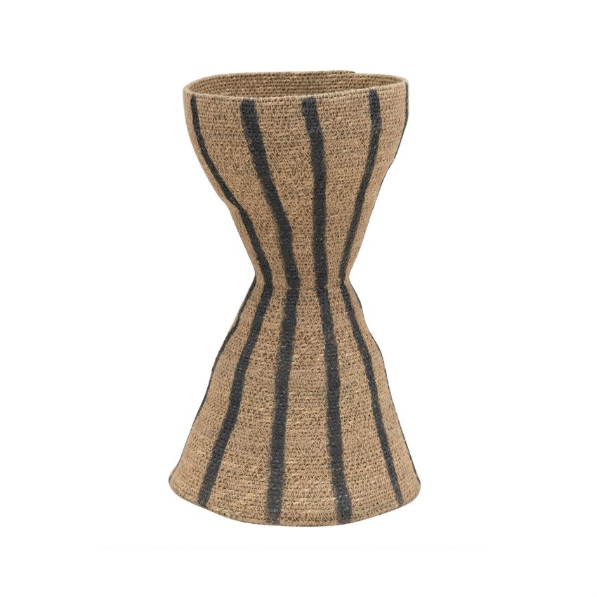 Hand-Woven Seagrass Hour Glass Shape Vase With Stripes, Natural & Black