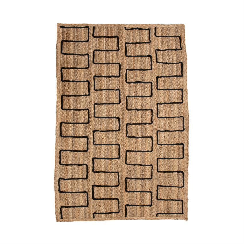 Braided Jute Rug With Stitched Design, Natural & Black
