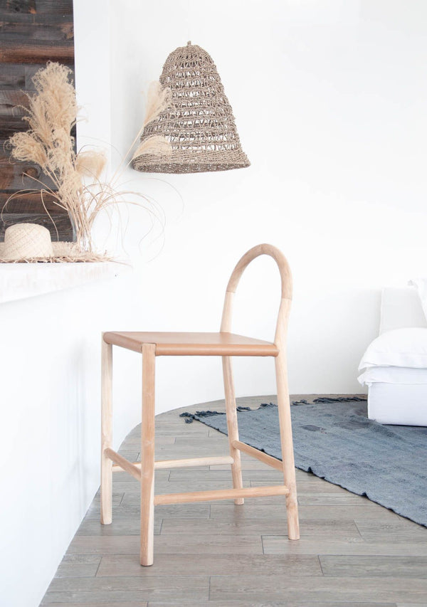 Julia Counter Stool, Camel Leather w/ Natural Teak Wood