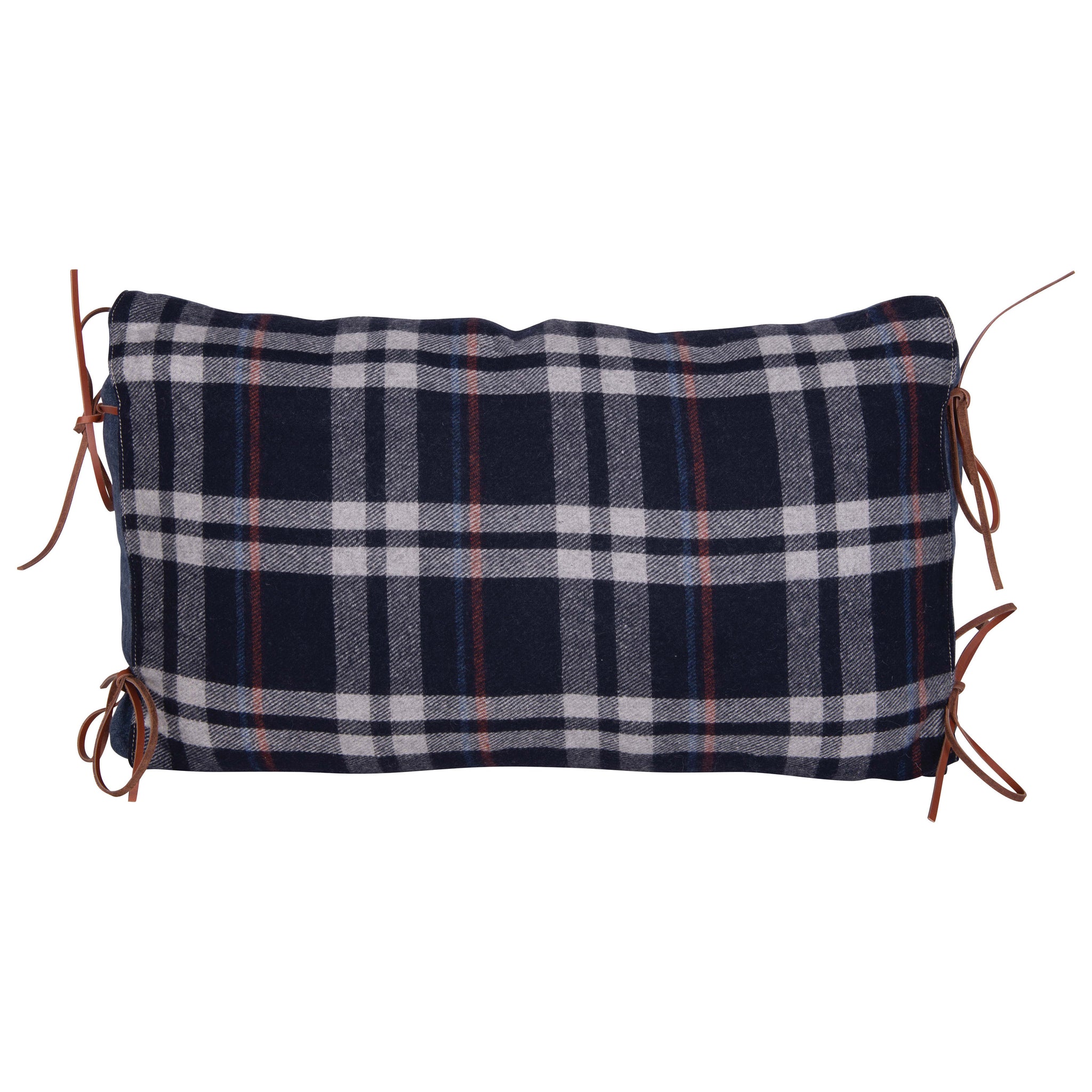 Cotton Flannel Lumbar Pillow with Leather Ties, Plaid