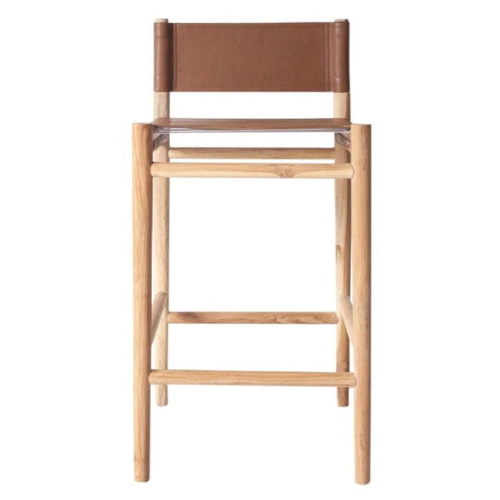 Lili Counter Stool, Camel Leather w/ Natural Teak Wood