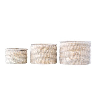 Natural Woven Seagrass Baskets W/ Lid, Whitewashed, 3 Sizes
