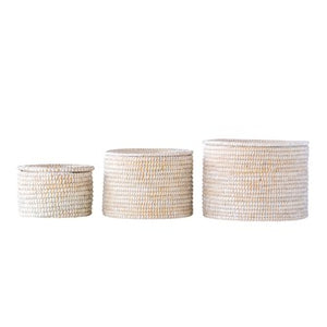 Natural Woven Seagrass Baskets W/ Lid, Whitewashed, 3 Sizes