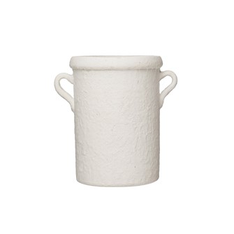 Decorative Coarse Terra-Cotta Crock W/ Handles, Distressed White Volcano Glaze