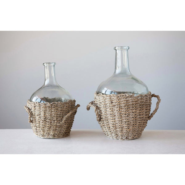 Glass Bottle in Woven Seagrass Basket with Handles