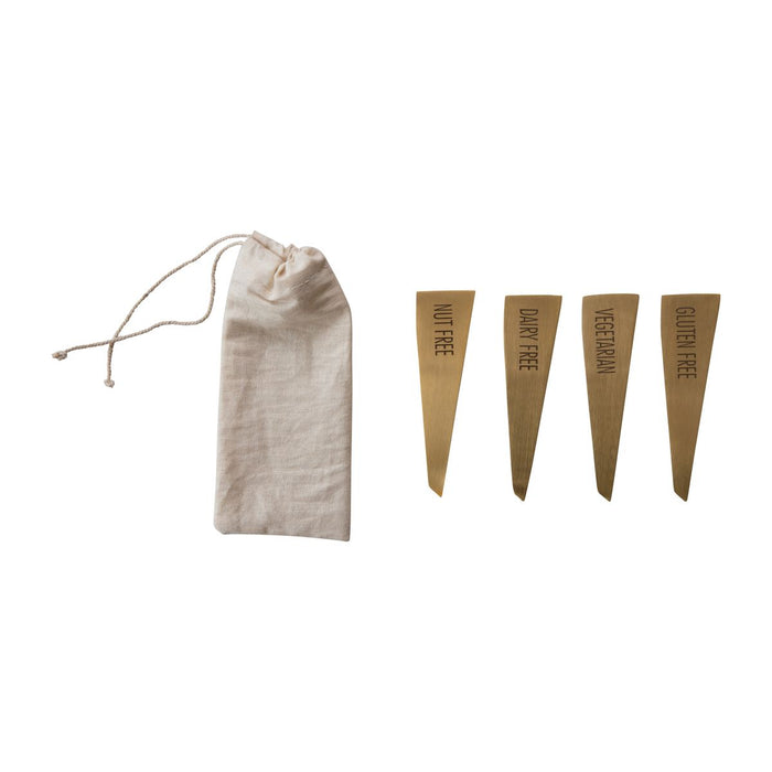 Stainless Steel Food Markers, Brass Finish, Set of 4 in Drawsting Bag