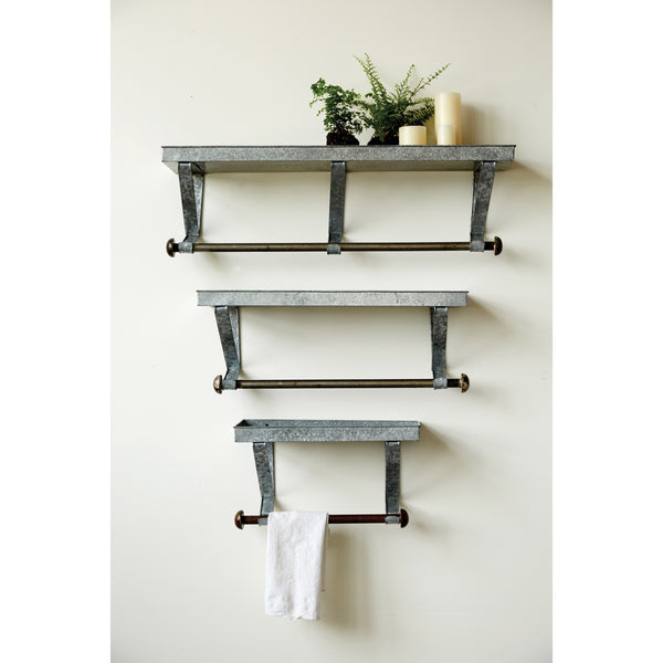 Galvanized Metal Wall Racks w Shelf & Rod, Set of 3