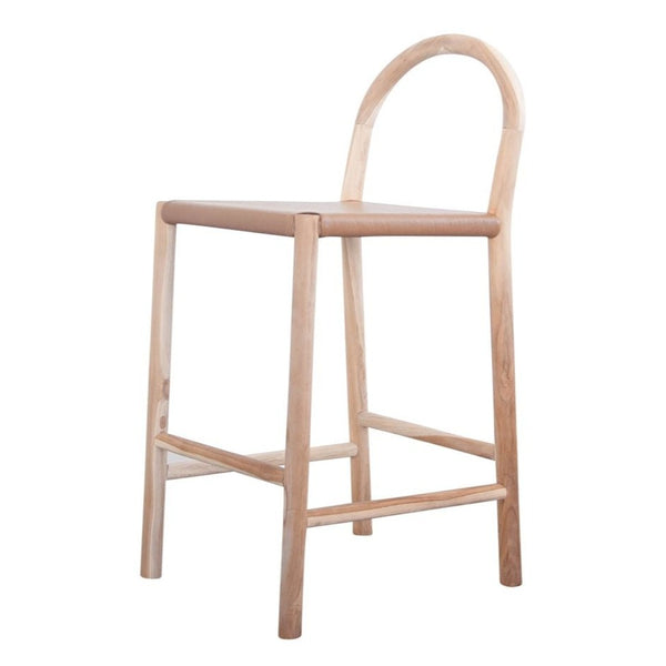 Julia Counter Stool, Camel Leather w/ Natural Teak Wood
