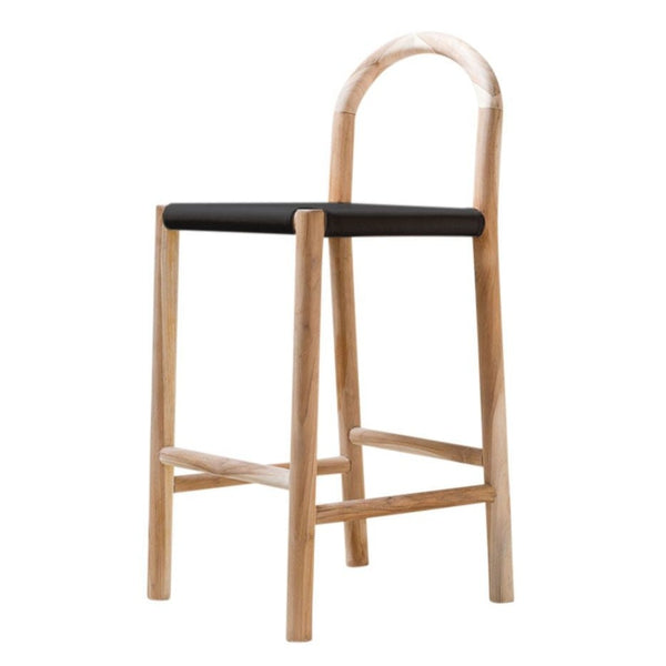 Julia Barstool, Black Leather w/ Natural Teak Wood