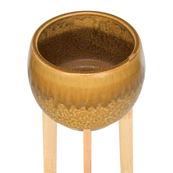 Stoneware Pot w Wood Stand, Musterd