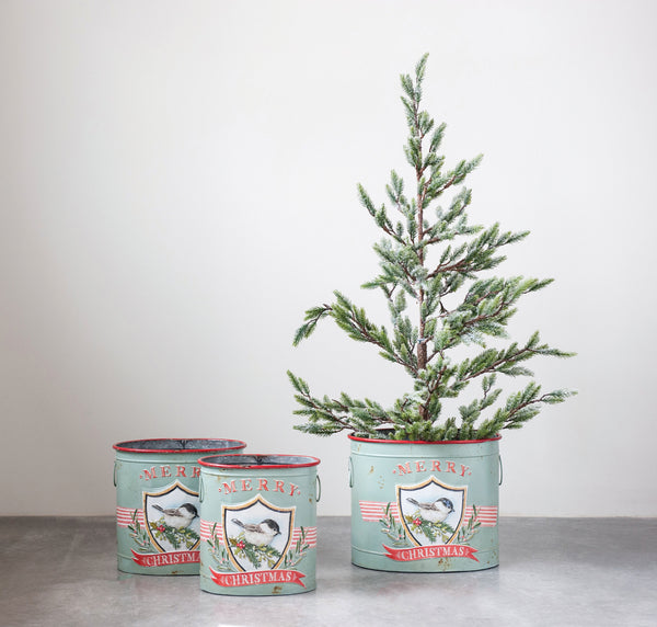 Embossed Metal Buckets with Bird & Metal Handles