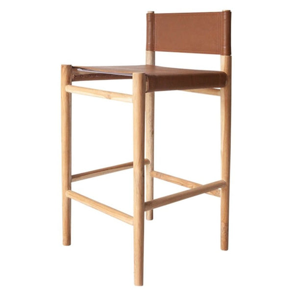 Lili Barstool, Camel Leather w/ Natural Teak Wood