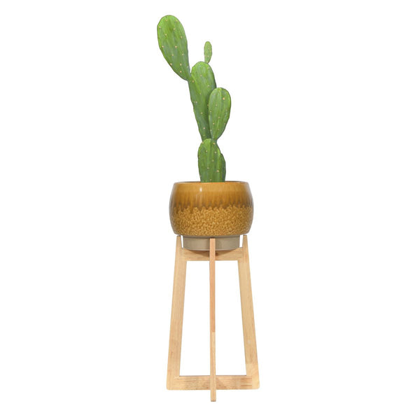 Stoneware Pot w Wood Stand, Musterd