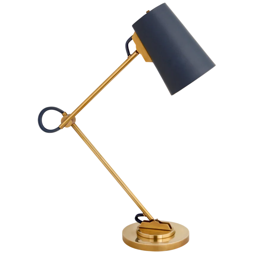 Benton Adjustable Desk Lamp, Brass with Navy Leather Shade