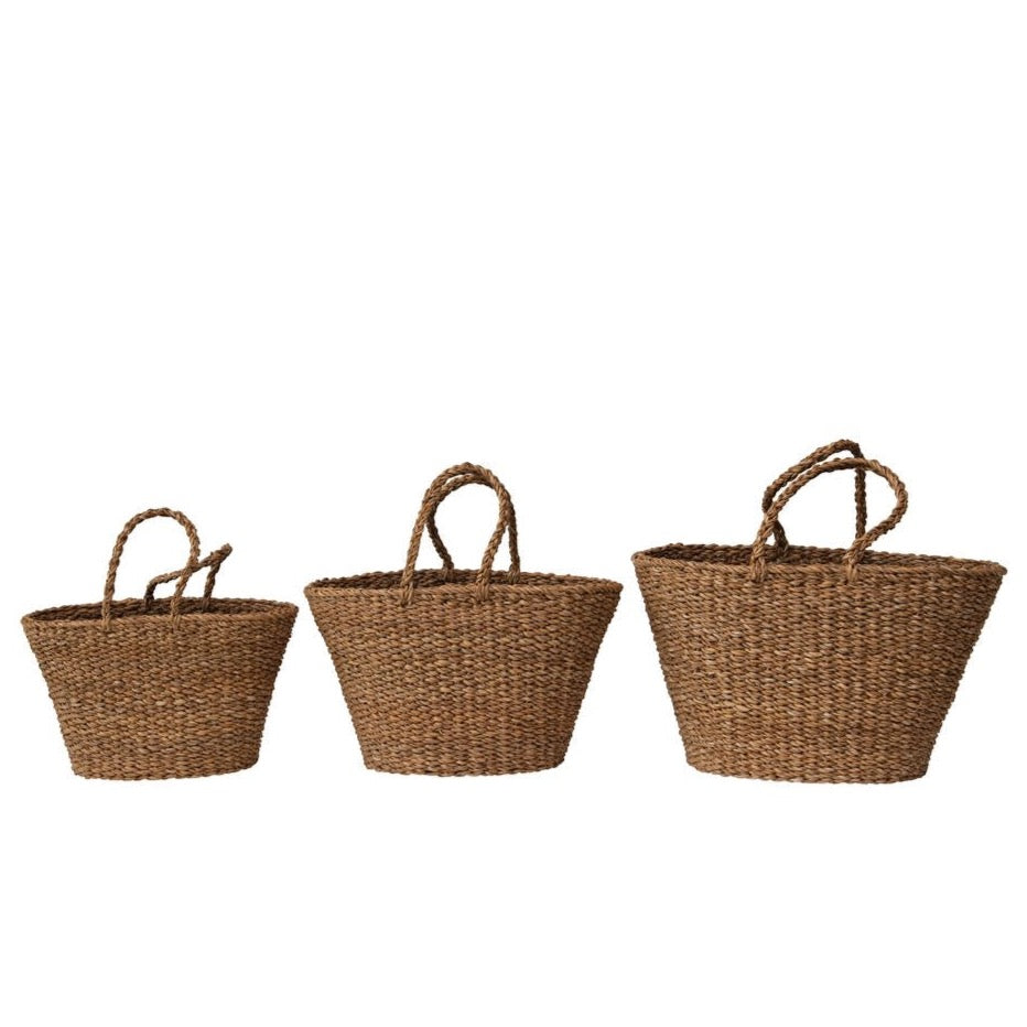 Hand-Woven Seagrass Totes with Handles, 3 Sizes