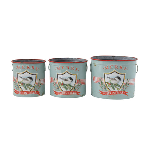 Embossed Metal Buckets with Bird & Metal Handles